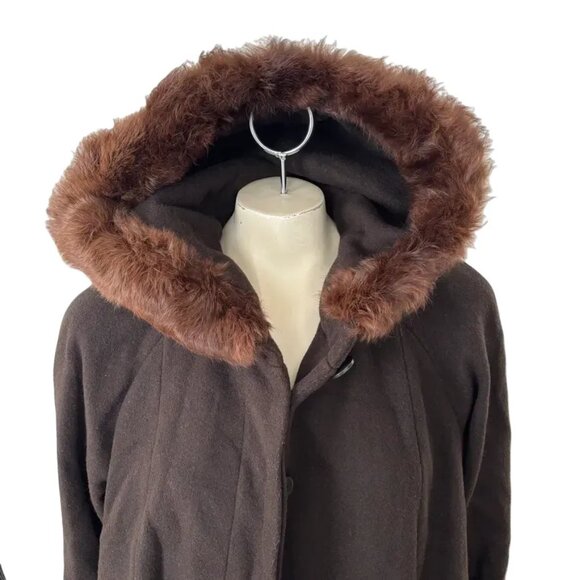 VTG WORTHINGTON 100% Wool Long Swing Coat  Fur Trimmed Hood  Brown  SZ 12 - Picture 3 of 13